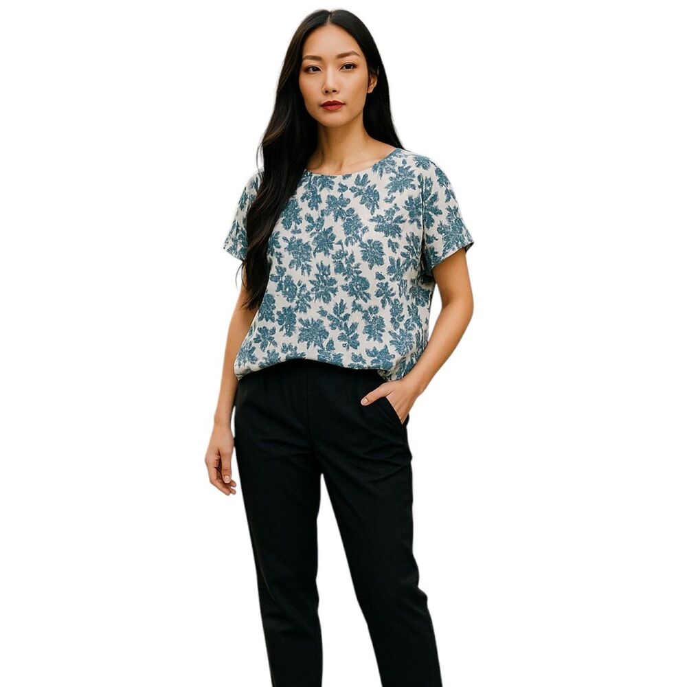 Cynthia Rowley Green Floral Linen Top Size Small
